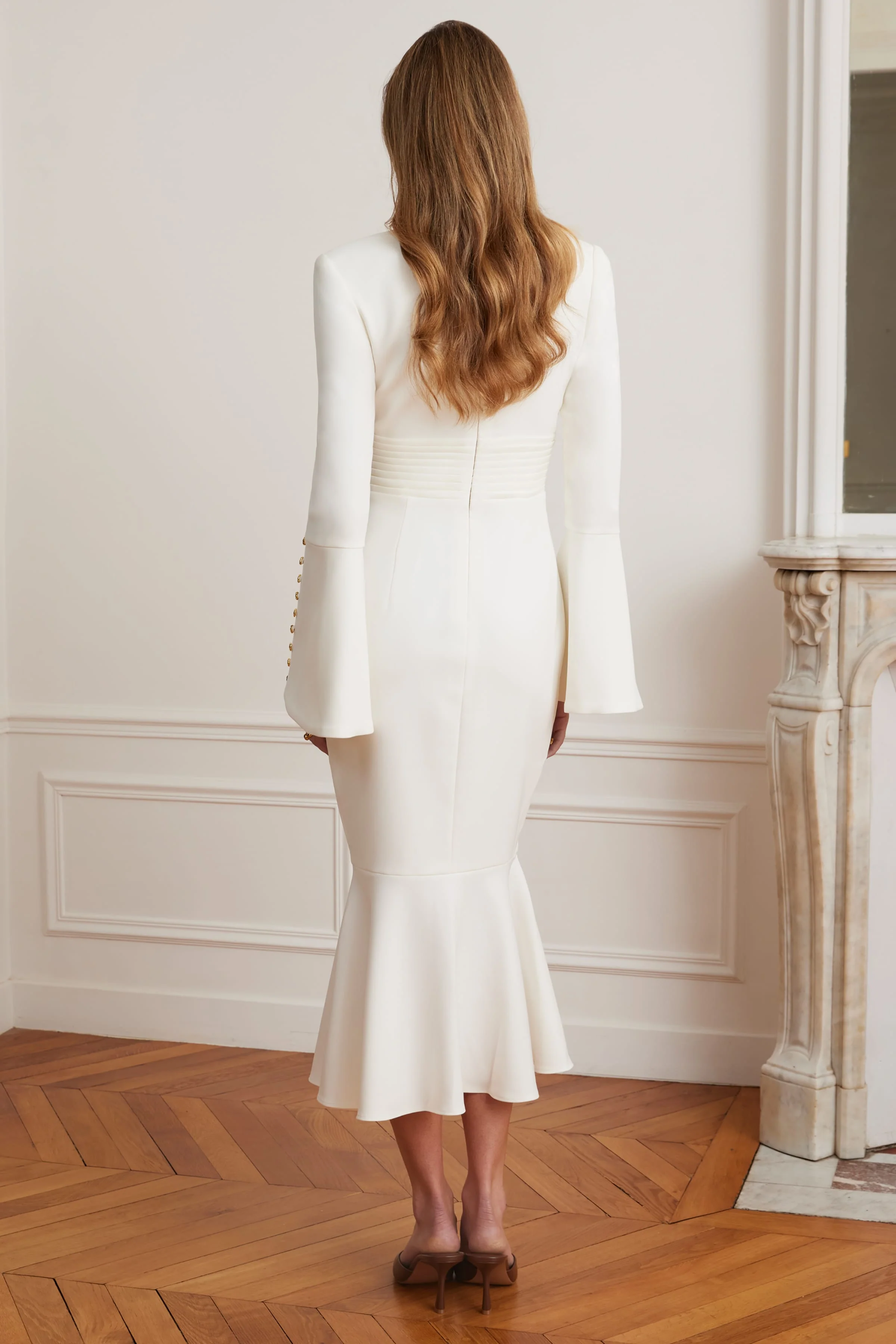 SALMA Fluted Sleeve Micro Gold Button Midi Dress in White - Image 7