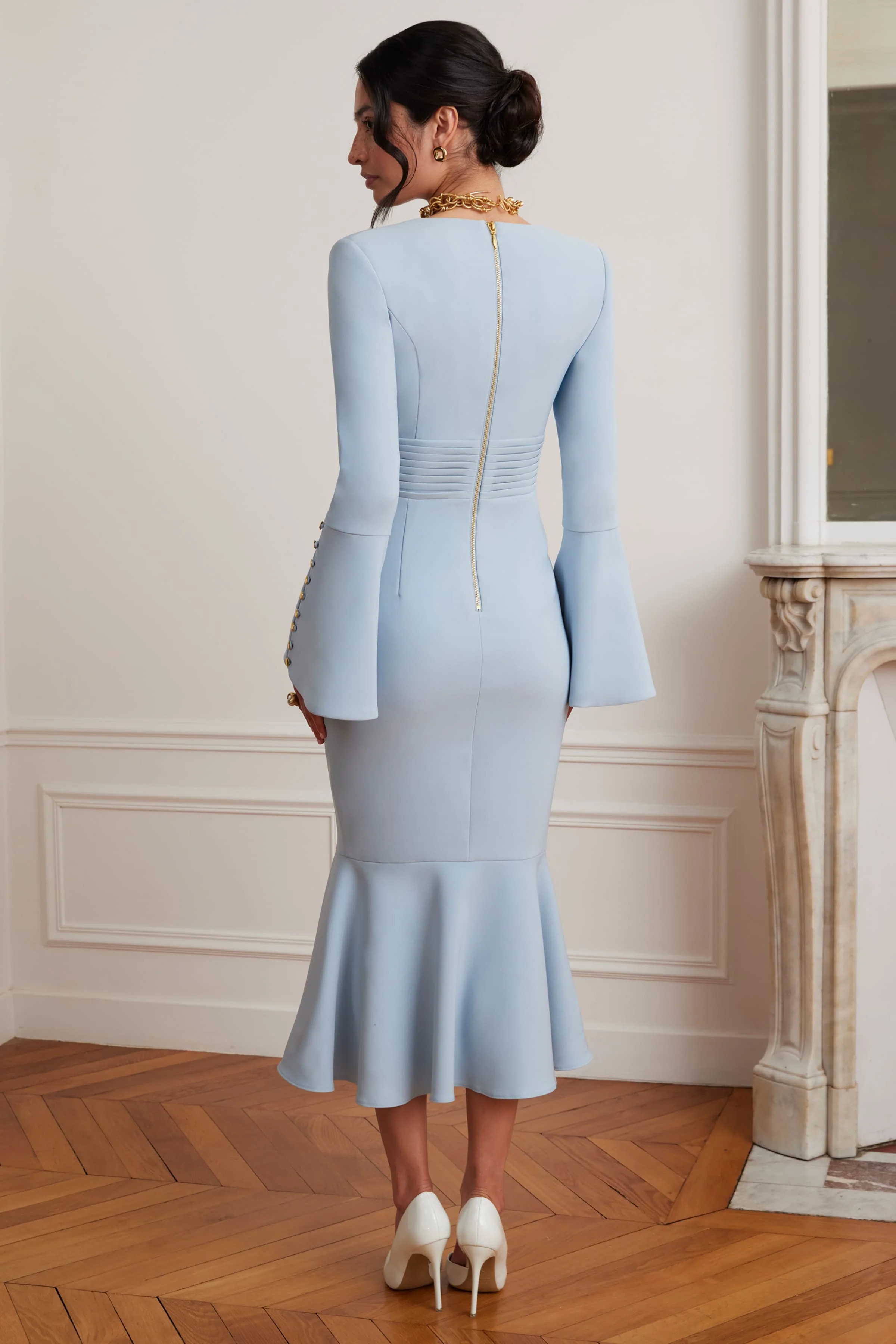 SERENA Fluted Sleeve Micro Shell Button Midi Dress in Light Blue - Image 3
