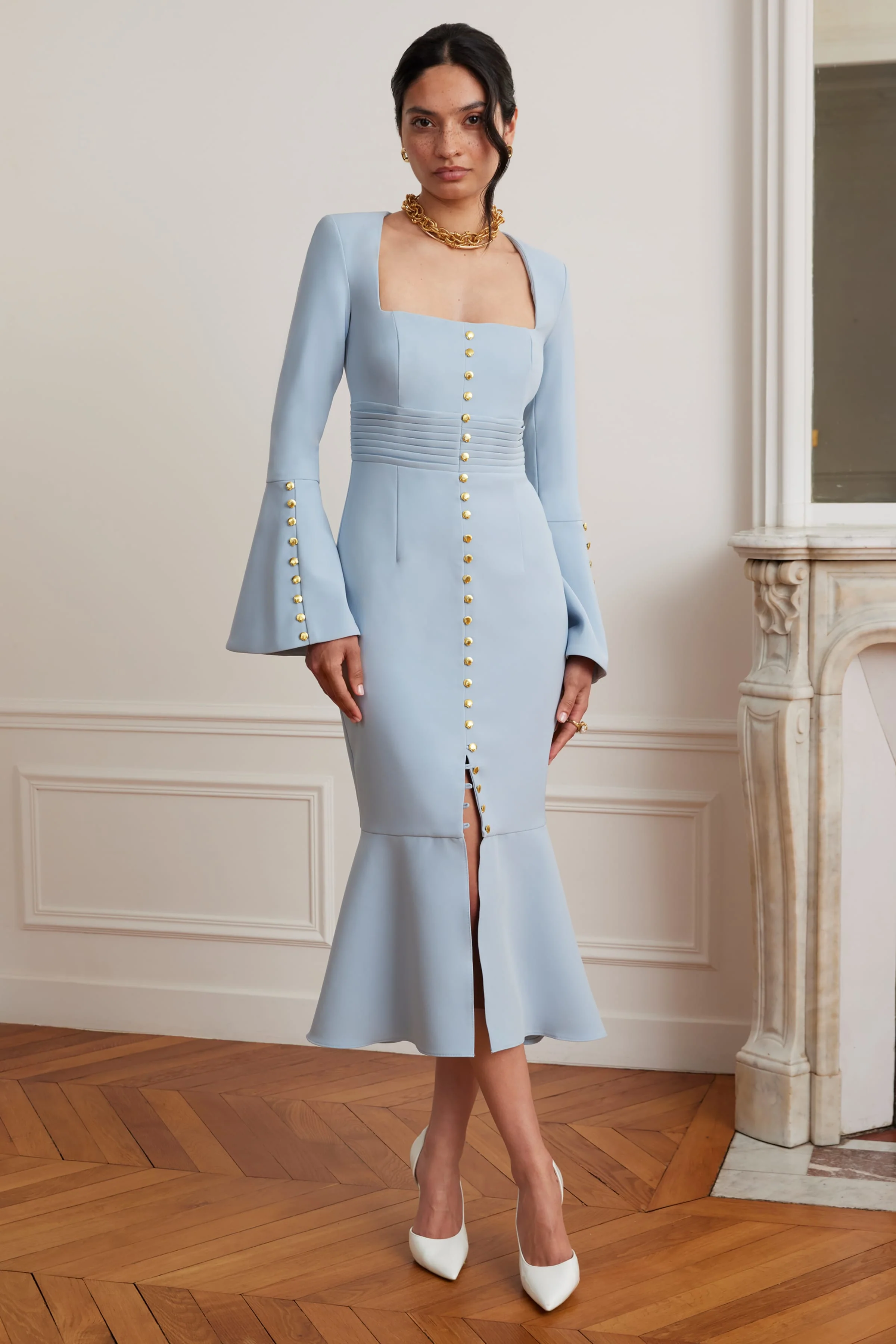SERENA Fluted Sleeve Micro Shell Button Midi Dress in Light Blue - Image 4