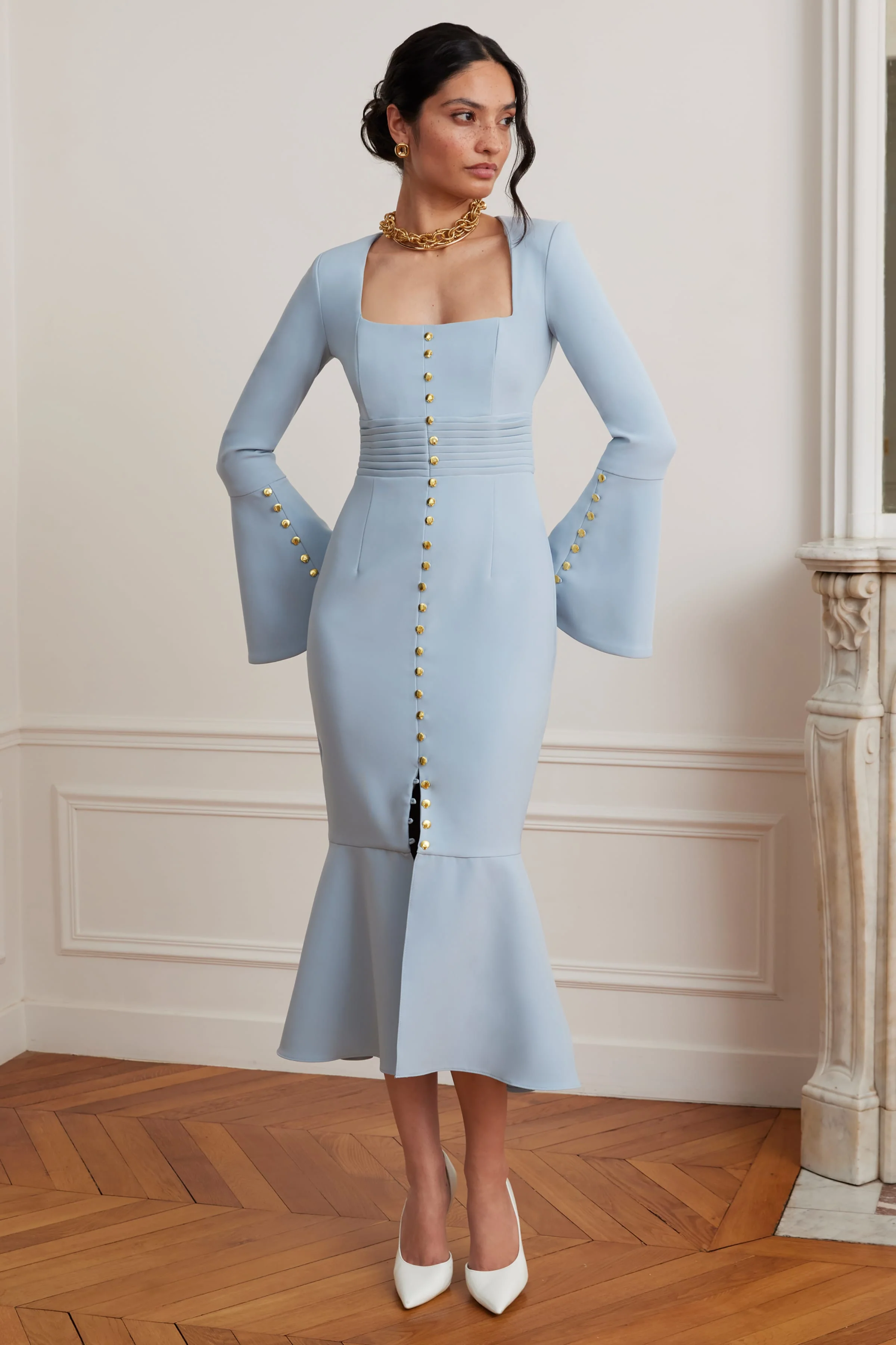 SERENA Fluted Sleeve Micro Shell Button Midi Dress in Light Blue - Image 5