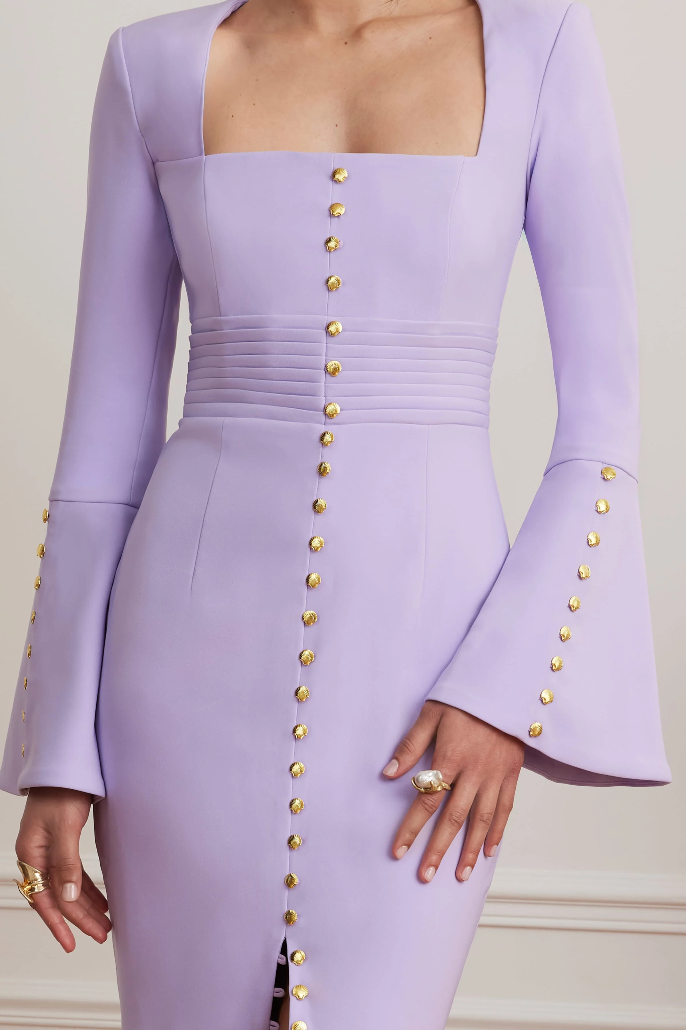 SERENA Fluted Sleeve Micro Shell Button Midi Dress in Purple - Image 2