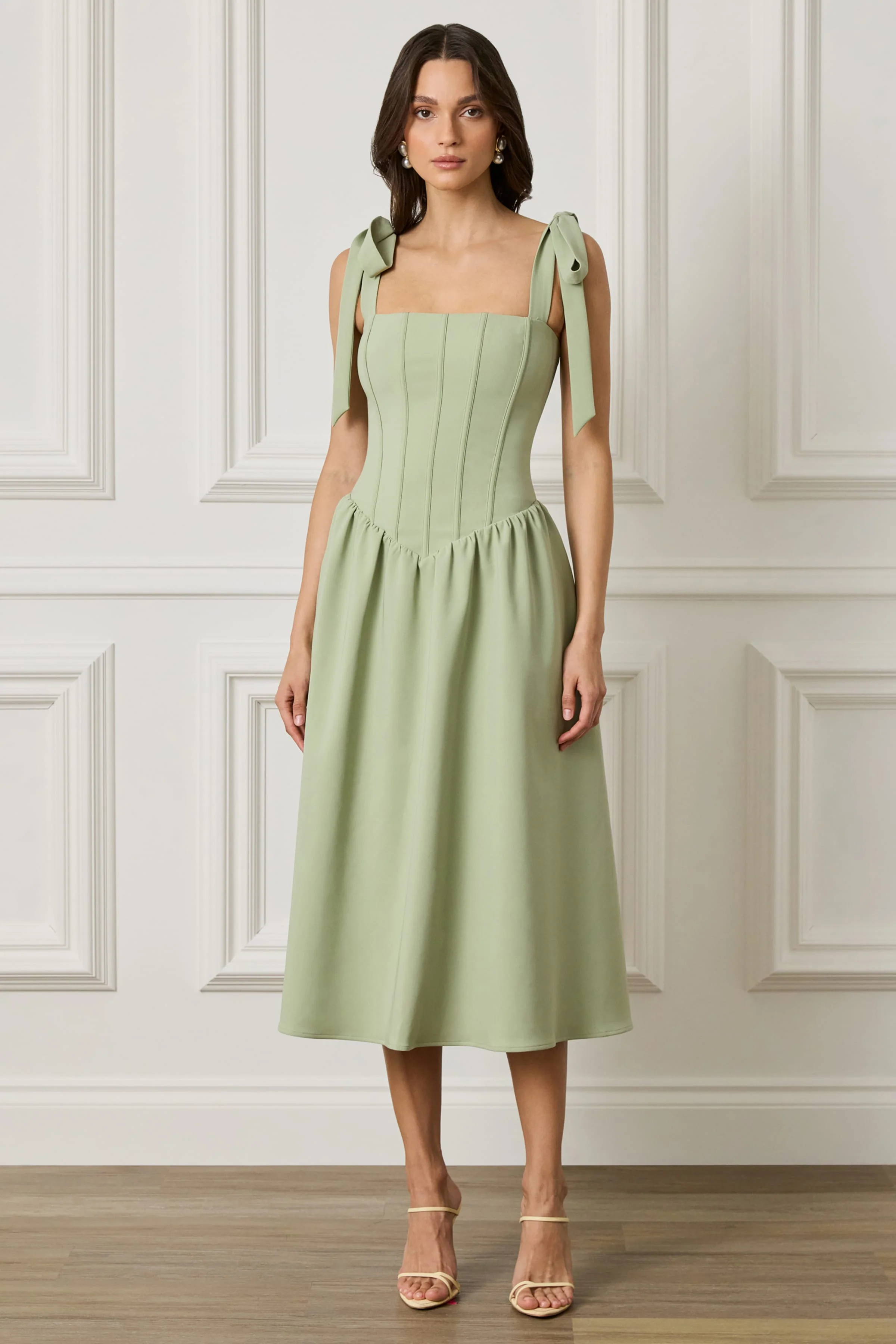 BLOSSOM Tie Shoulder Corset Midi Dress In Sage Green