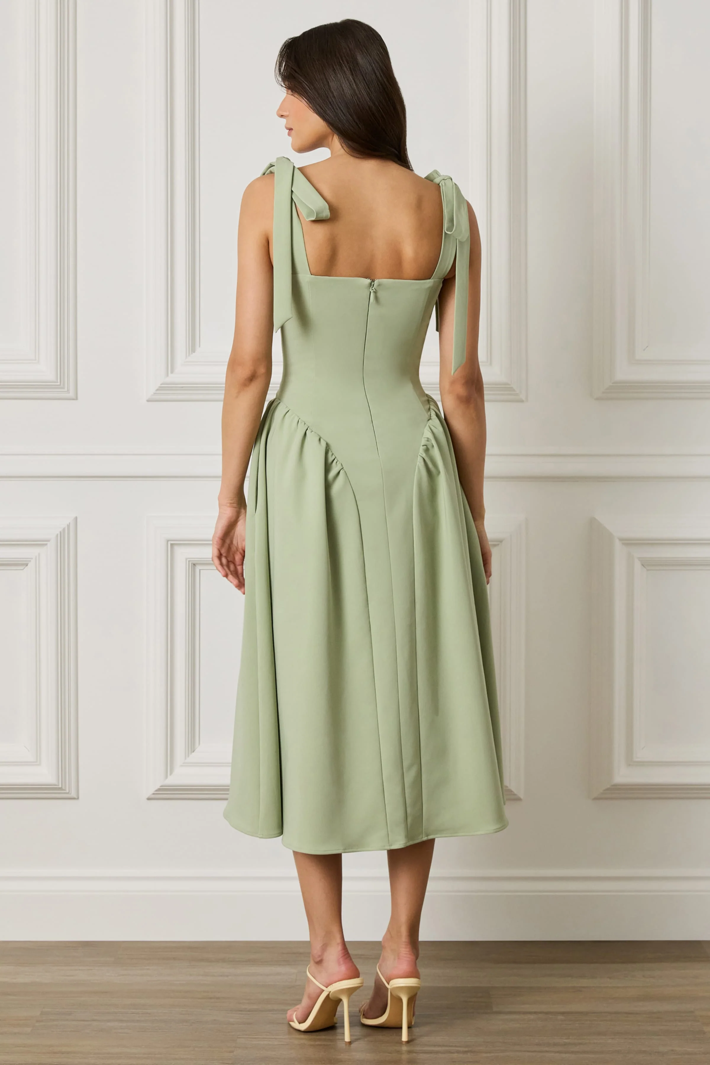 BLOSSOM Tie Shoulder Corset Midi Dress In Sage Green - Image 2