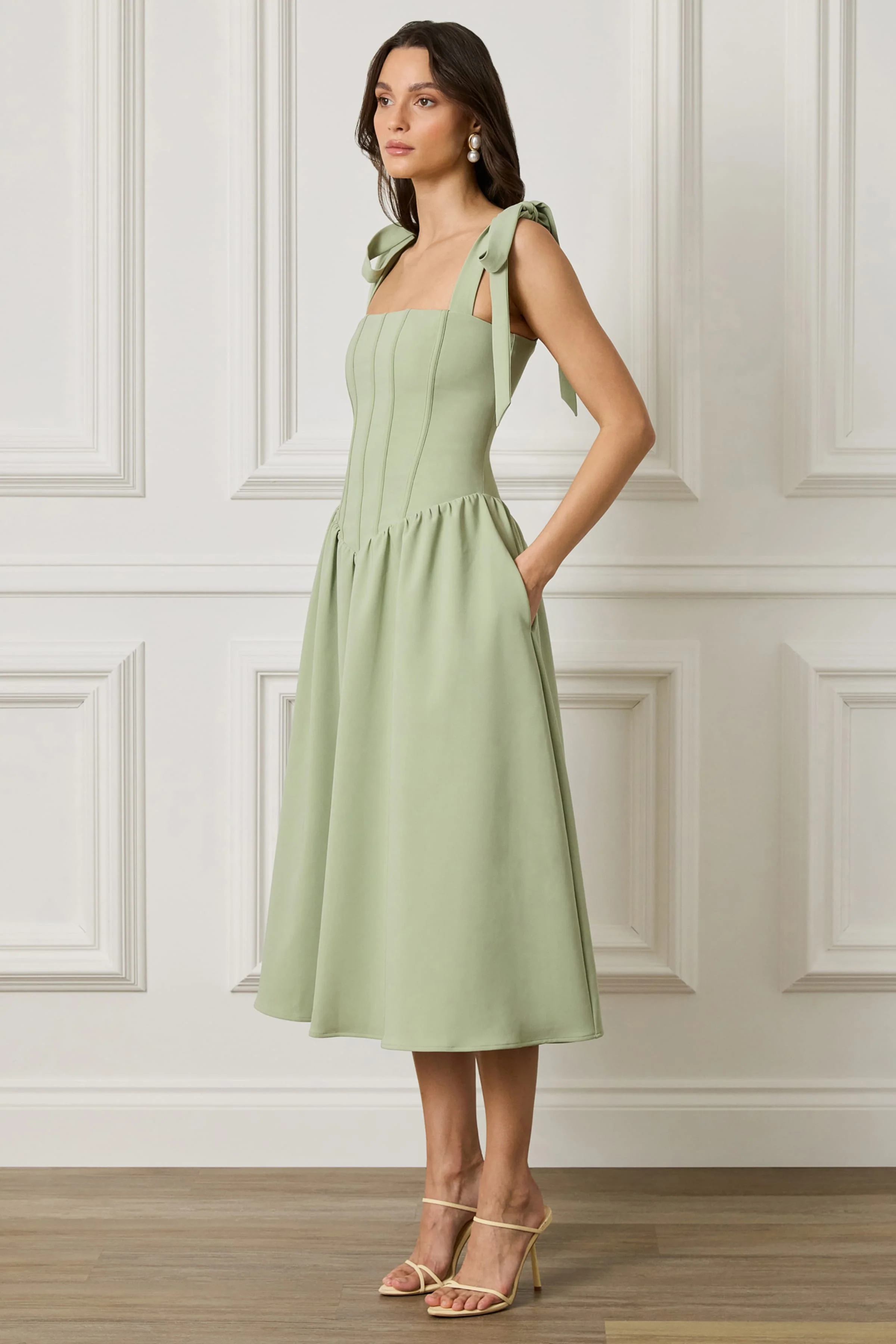 BLOSSOM Tie Shoulder Corset Midi Dress In Sage Green - Image 3
