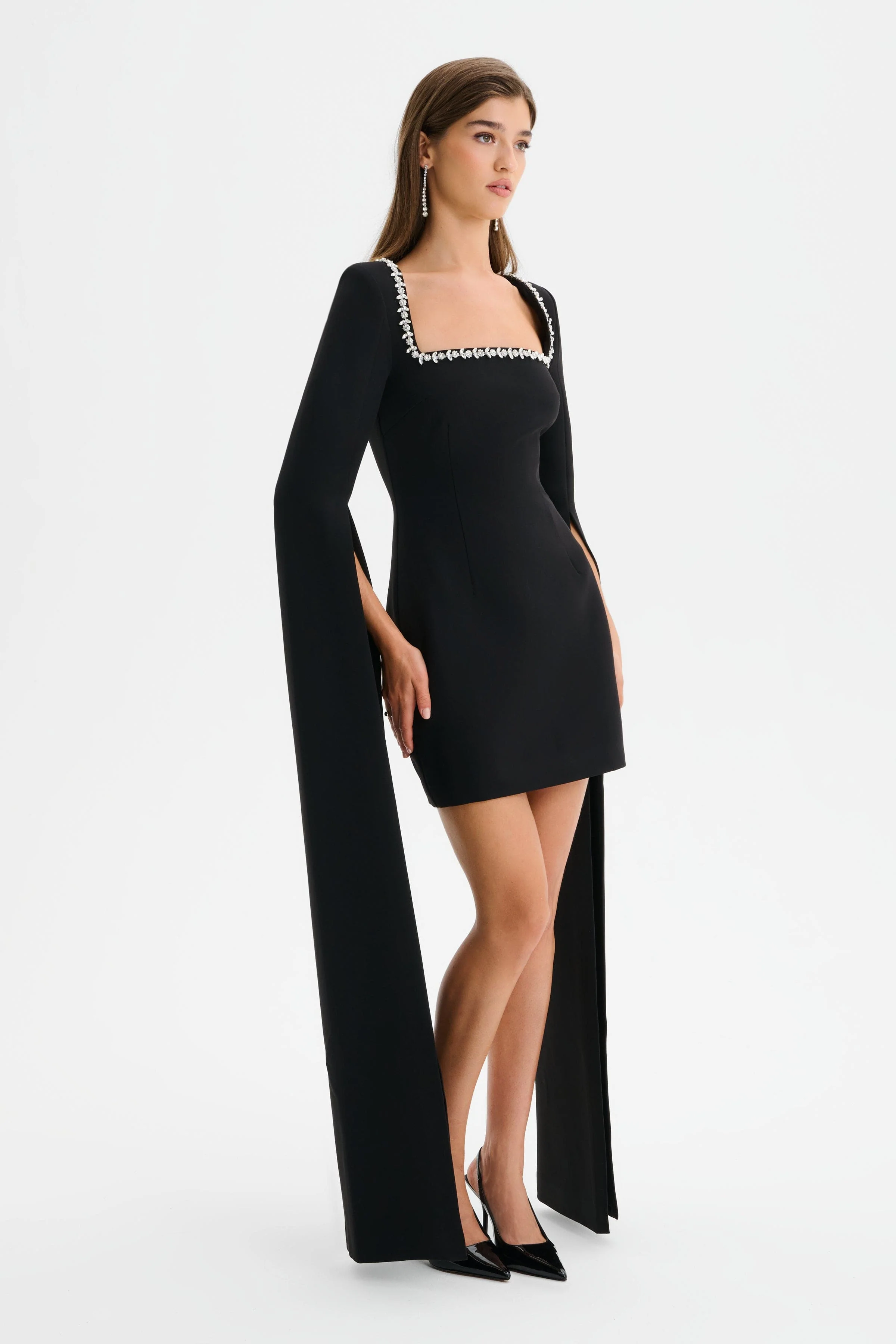 TILLY Square Neck Embellished Cape Sleeve Mini Dress in Black - Image 2
