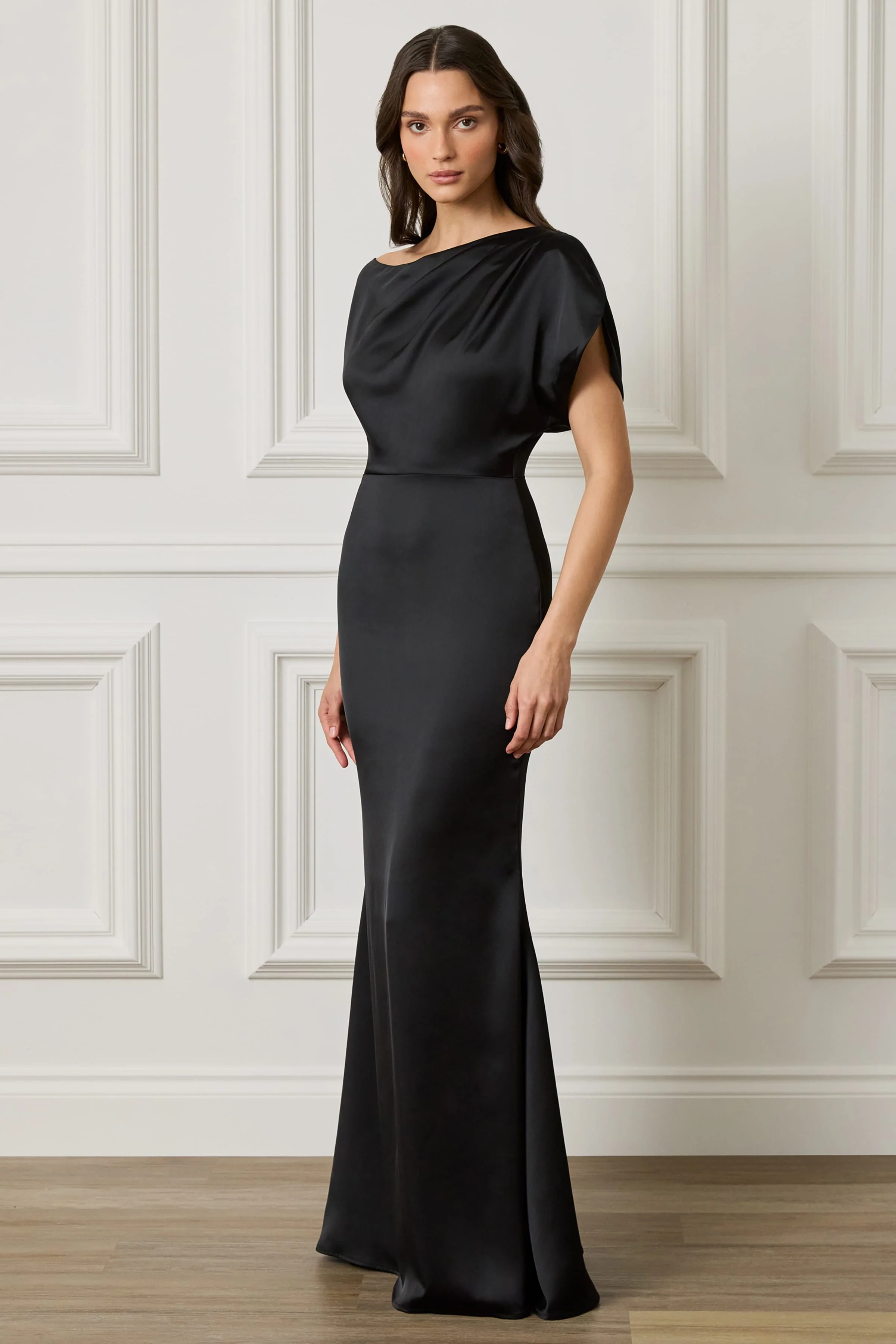 TRINITY Asymmetric Dropped Shoulder Split Sleeve Satin Maxi Dress in Black - Image 4