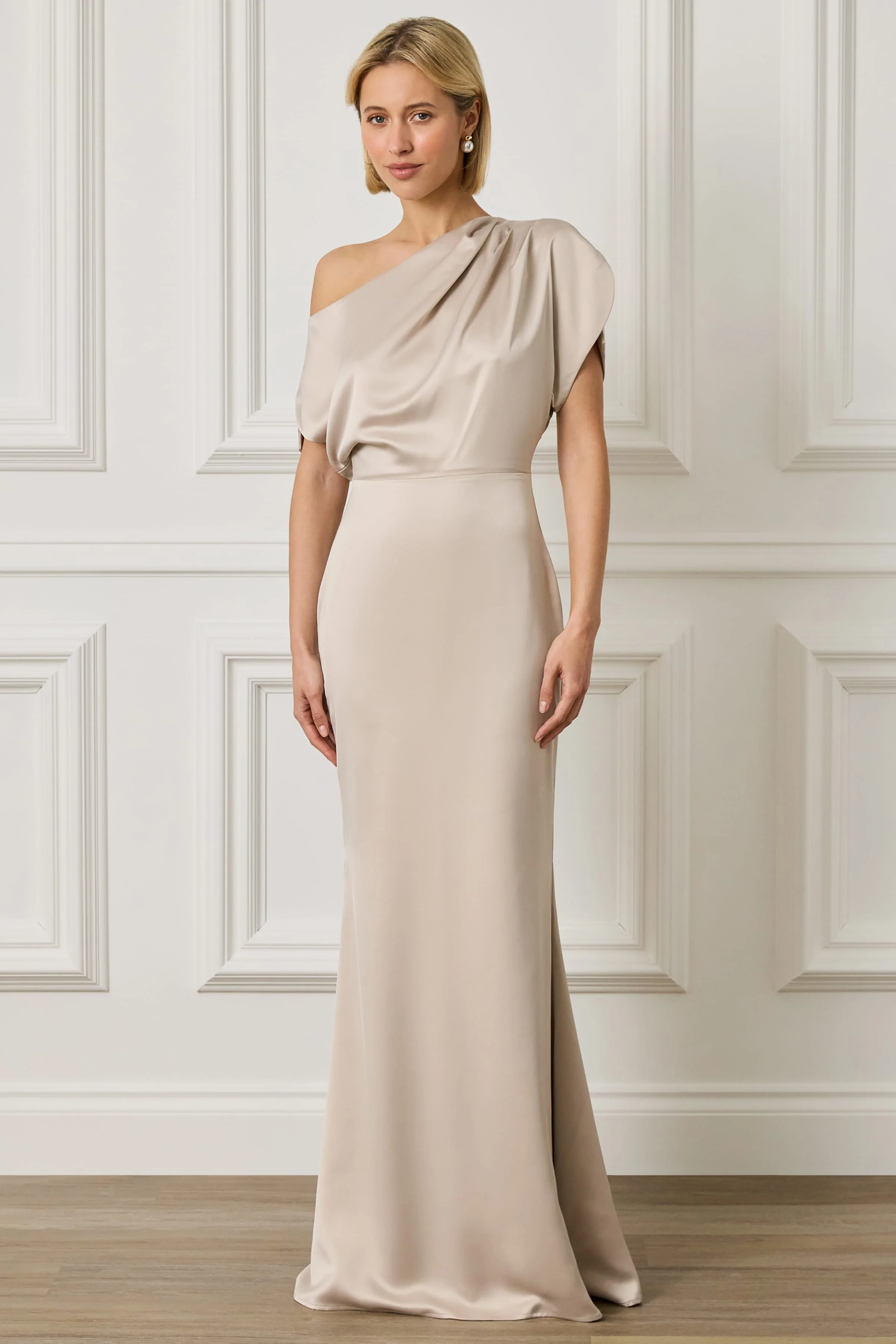 TRINITY Asymmetric Dropped Shoulder Split Sleeve Satin Maxi Dress in Champagne
