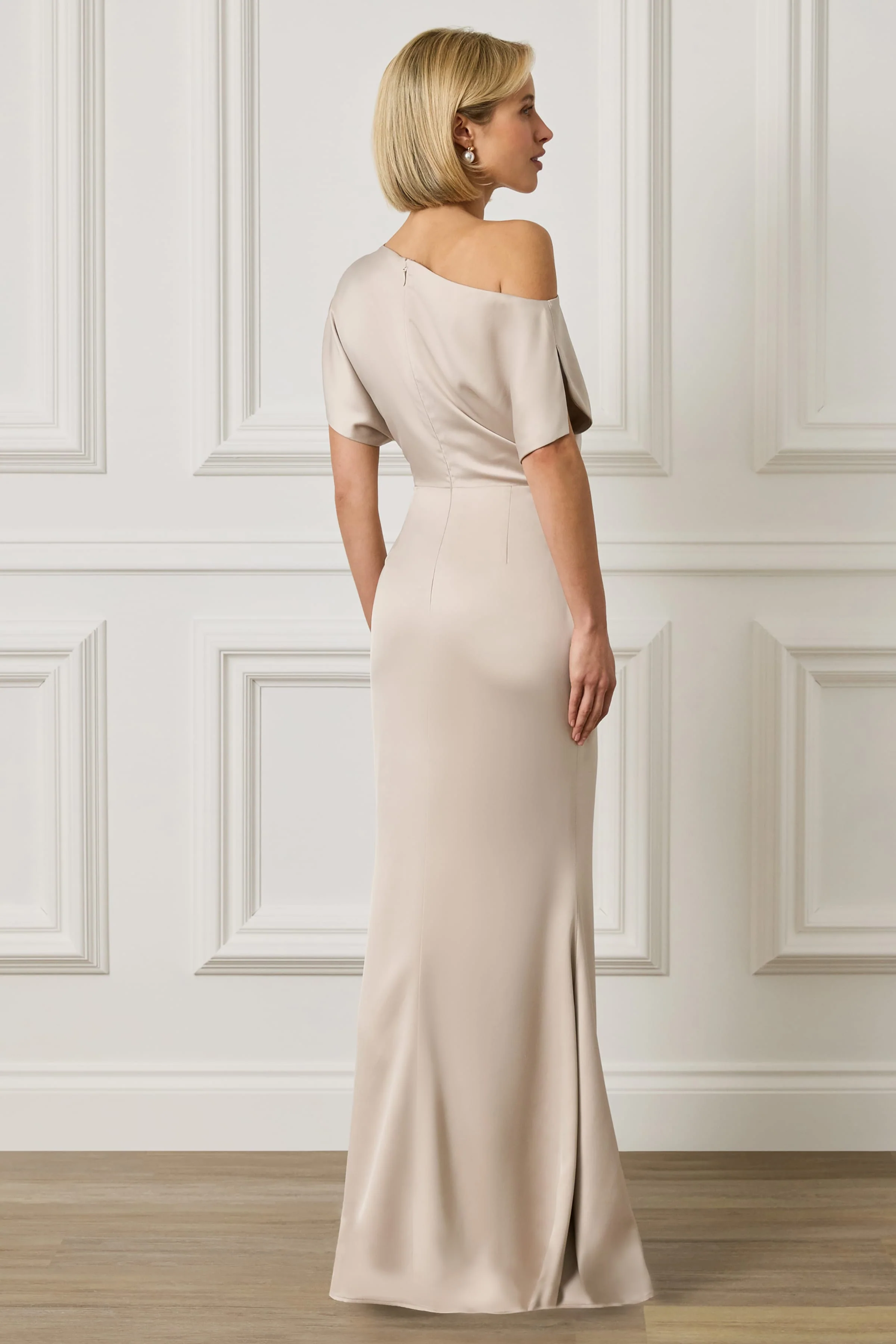 TRINITY Asymmetric Dropped Shoulder Split Sleeve Satin Maxi Dress in Champagne - Image 2