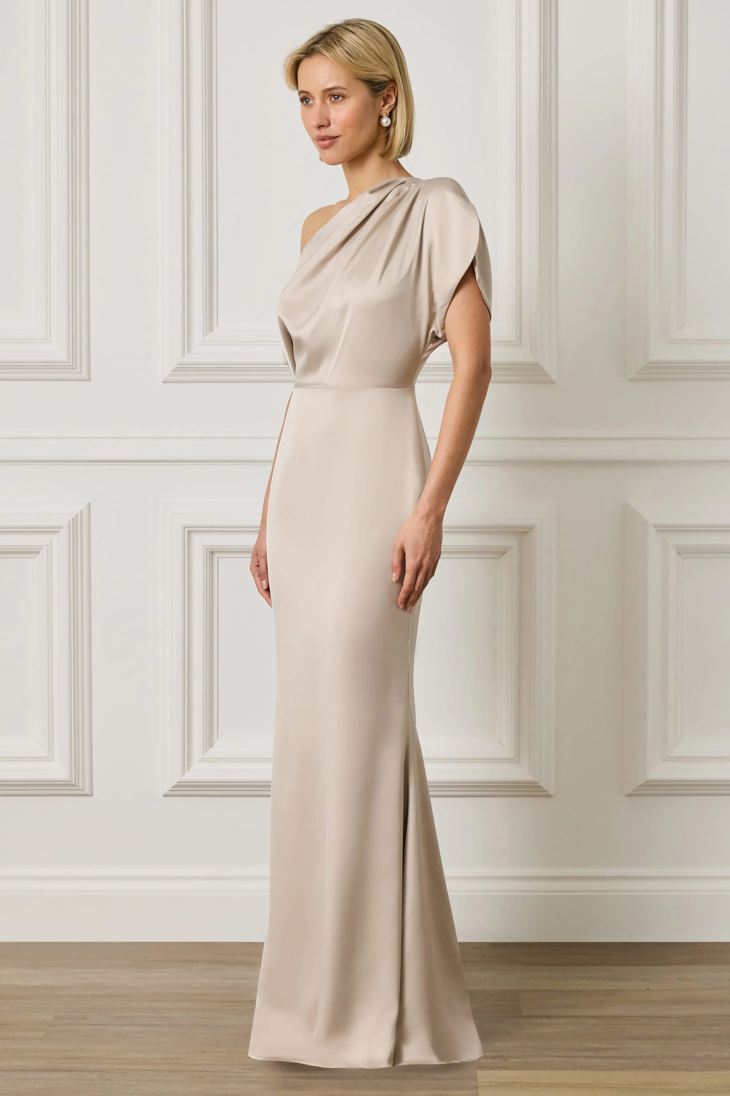 TRINITY Asymmetric Dropped Shoulder Split Sleeve Satin Maxi Dress in Champagne - Image 4