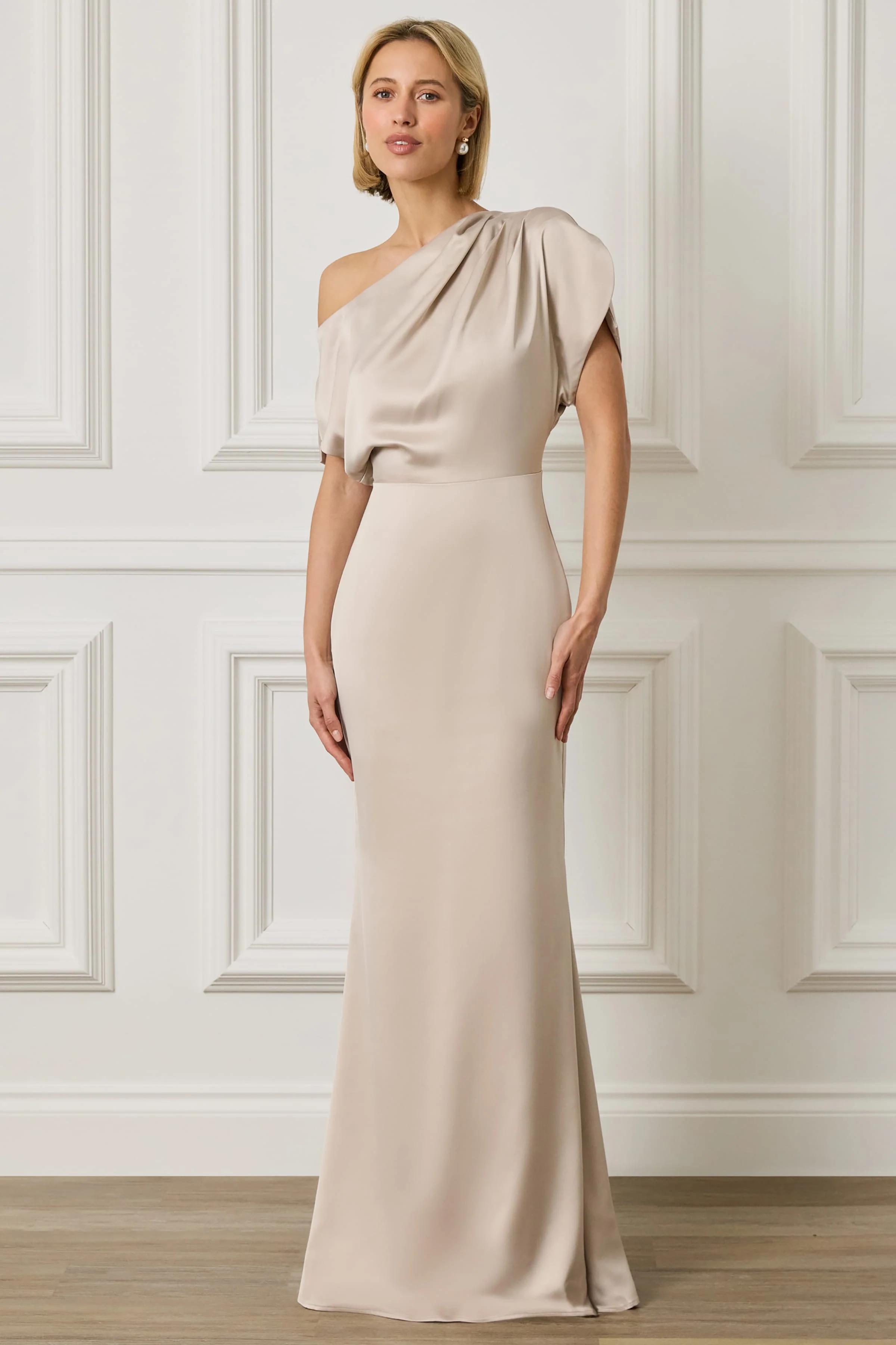 TRINITY Asymmetric Dropped Shoulder Split Sleeve Satin Maxi Dress in Champagne - Image 5