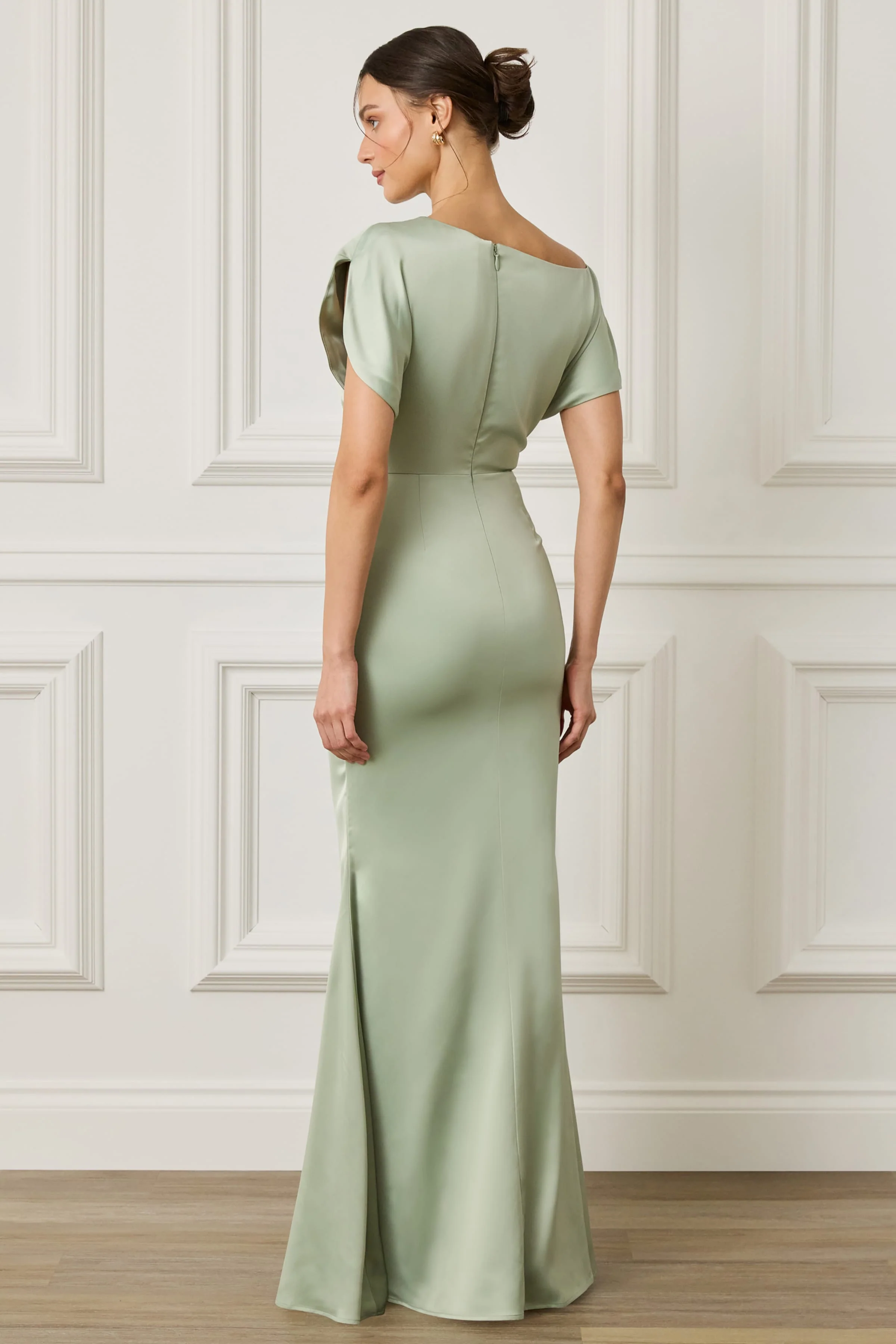 TRINITY Asymmetric Dropped Shoulder Split Sleeve Satin Maxi Dress in Sage Green - Image 2