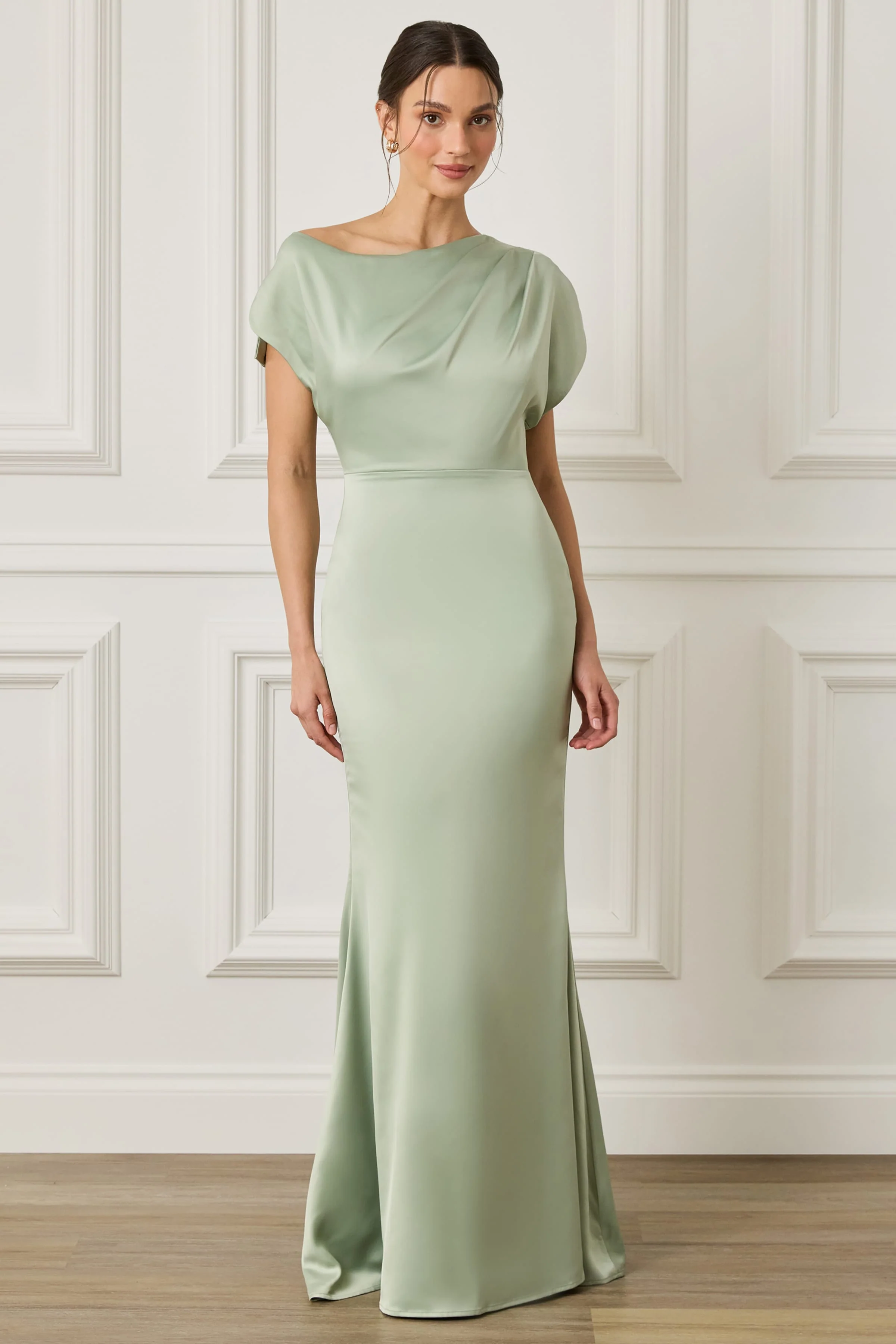 TRINITY Asymmetric Dropped Shoulder Split Sleeve Satin Maxi Dress in Sage Green - Image 5