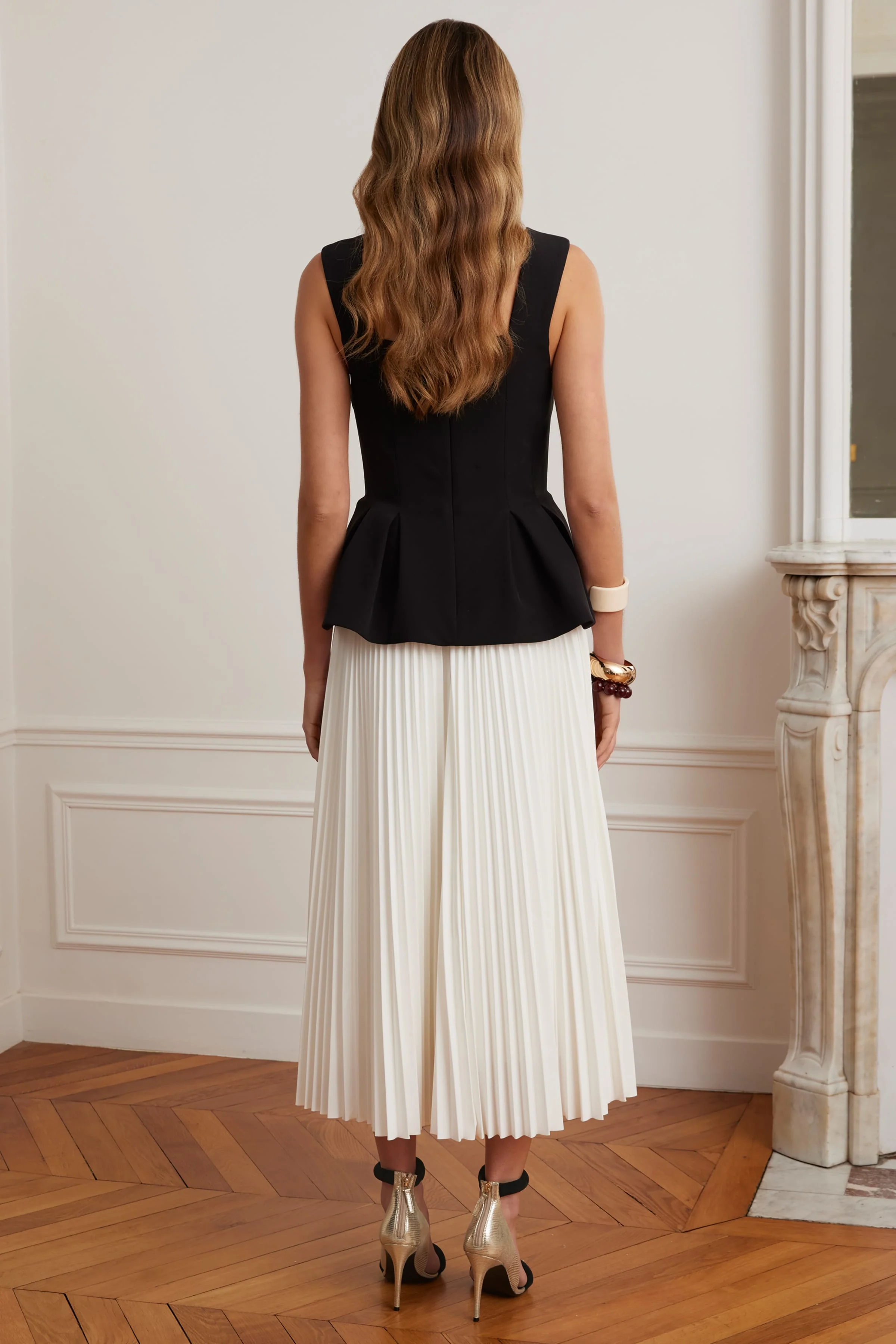 LANA Square Neck Peplum And Pleated Skirt Midi Dress In Black And White - Image 3