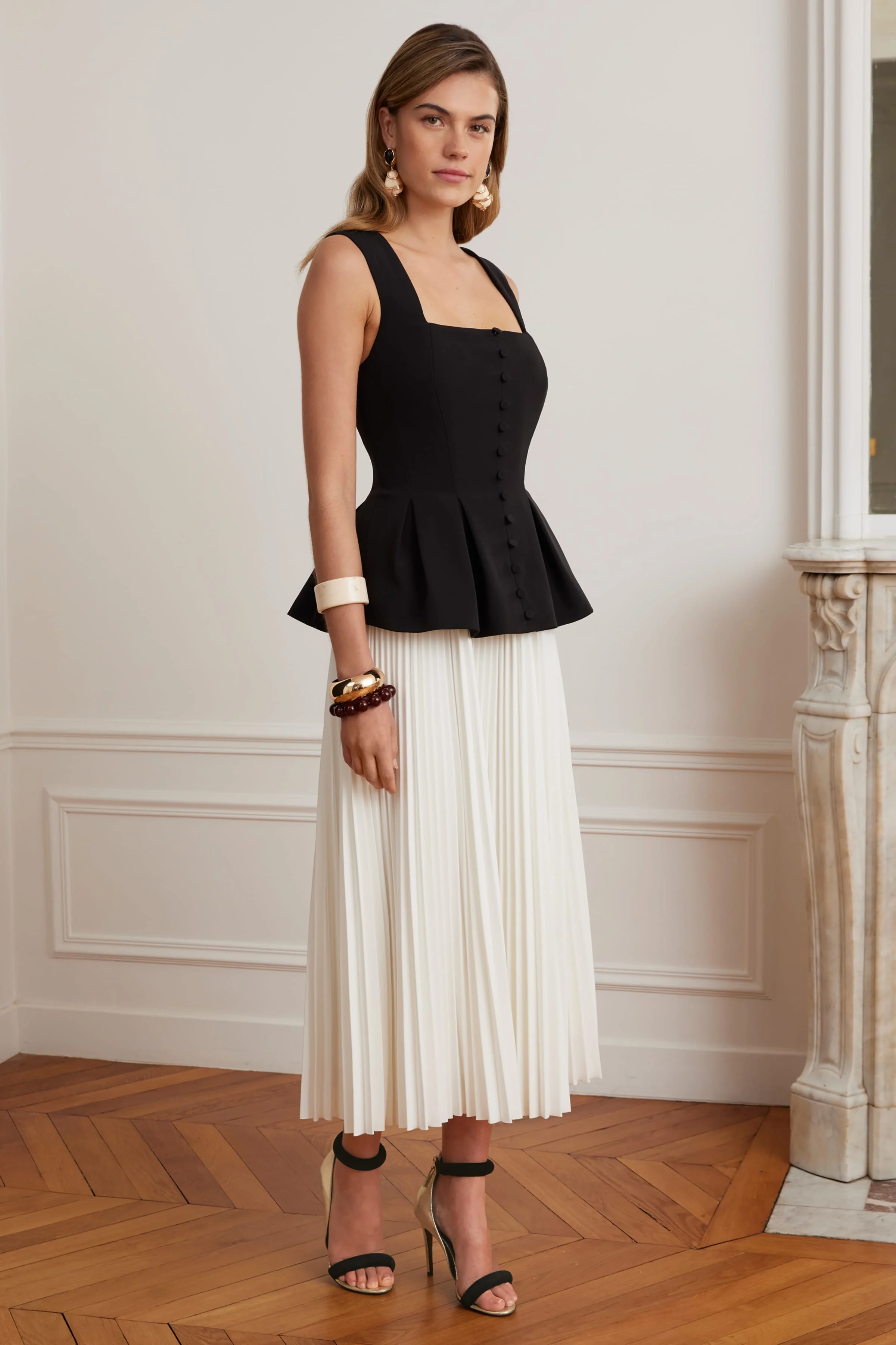 LANA Square Neck Peplum And Pleated Skirt Midi Dress In Black And White - Image 4