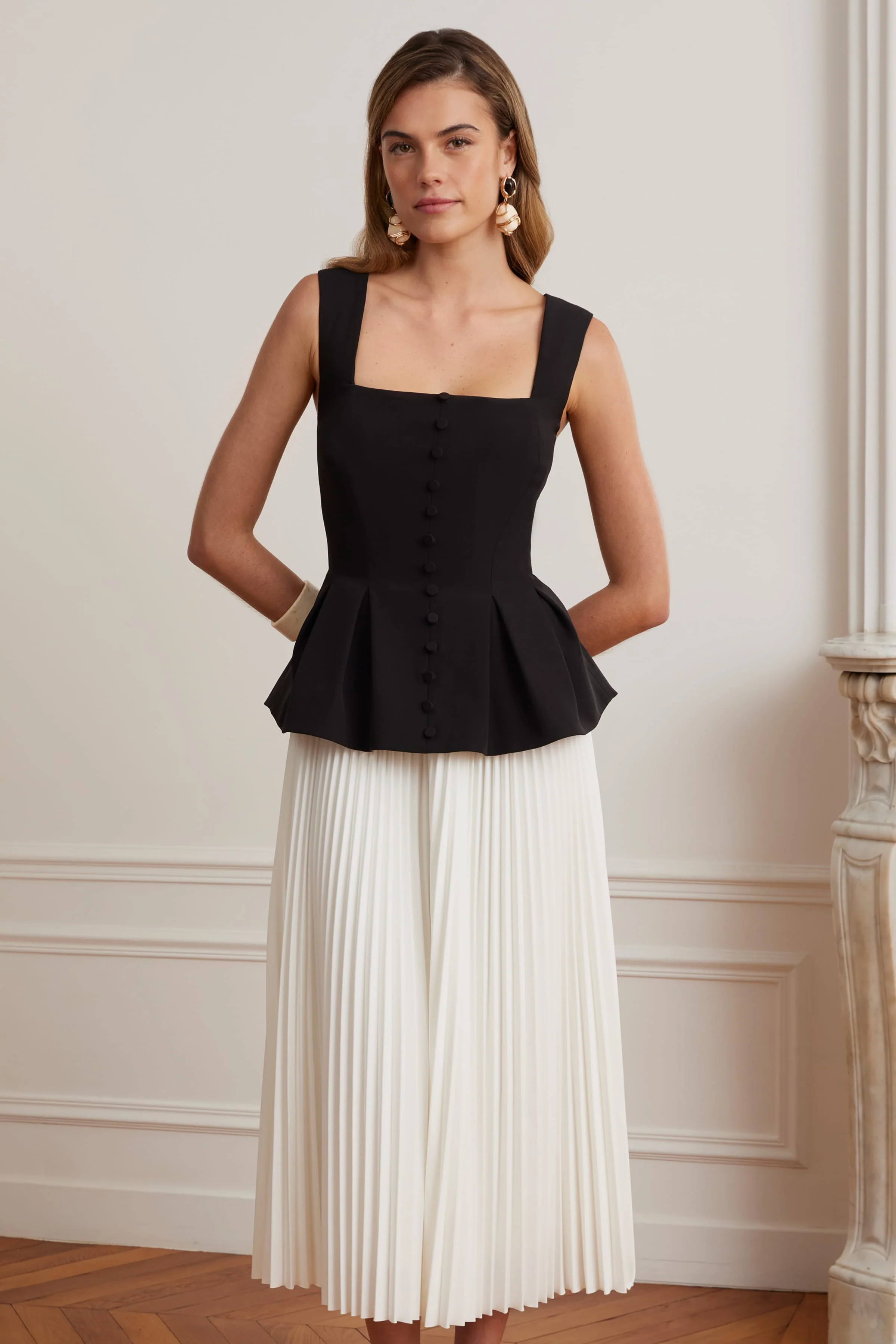 LANA Square Neck Peplum And Pleated Skirt Midi Dress In Black And White - Image 5