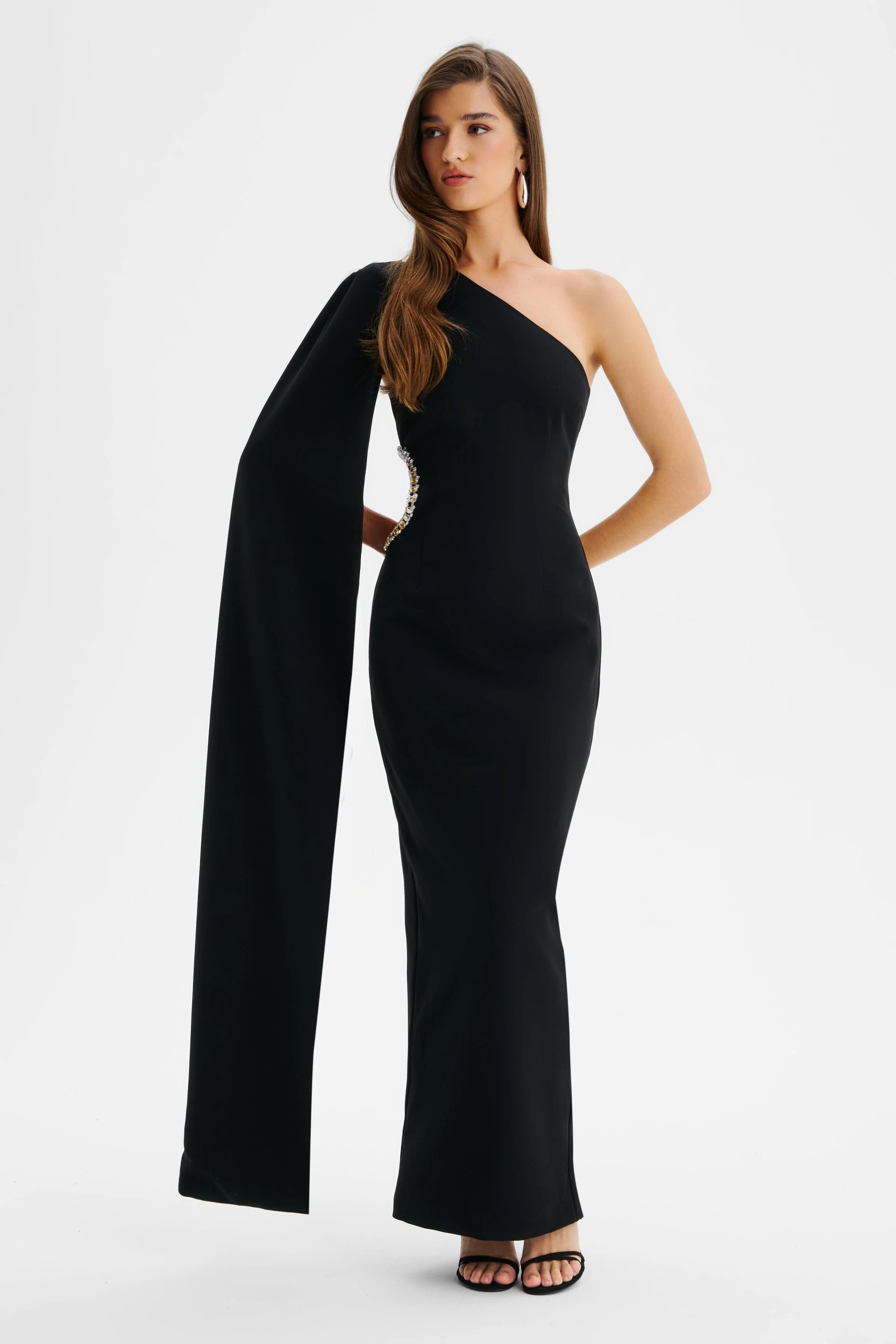 VIVIANA Asymmetric Embellished Cut Out Maxi Cape Dress In Black - Image 3