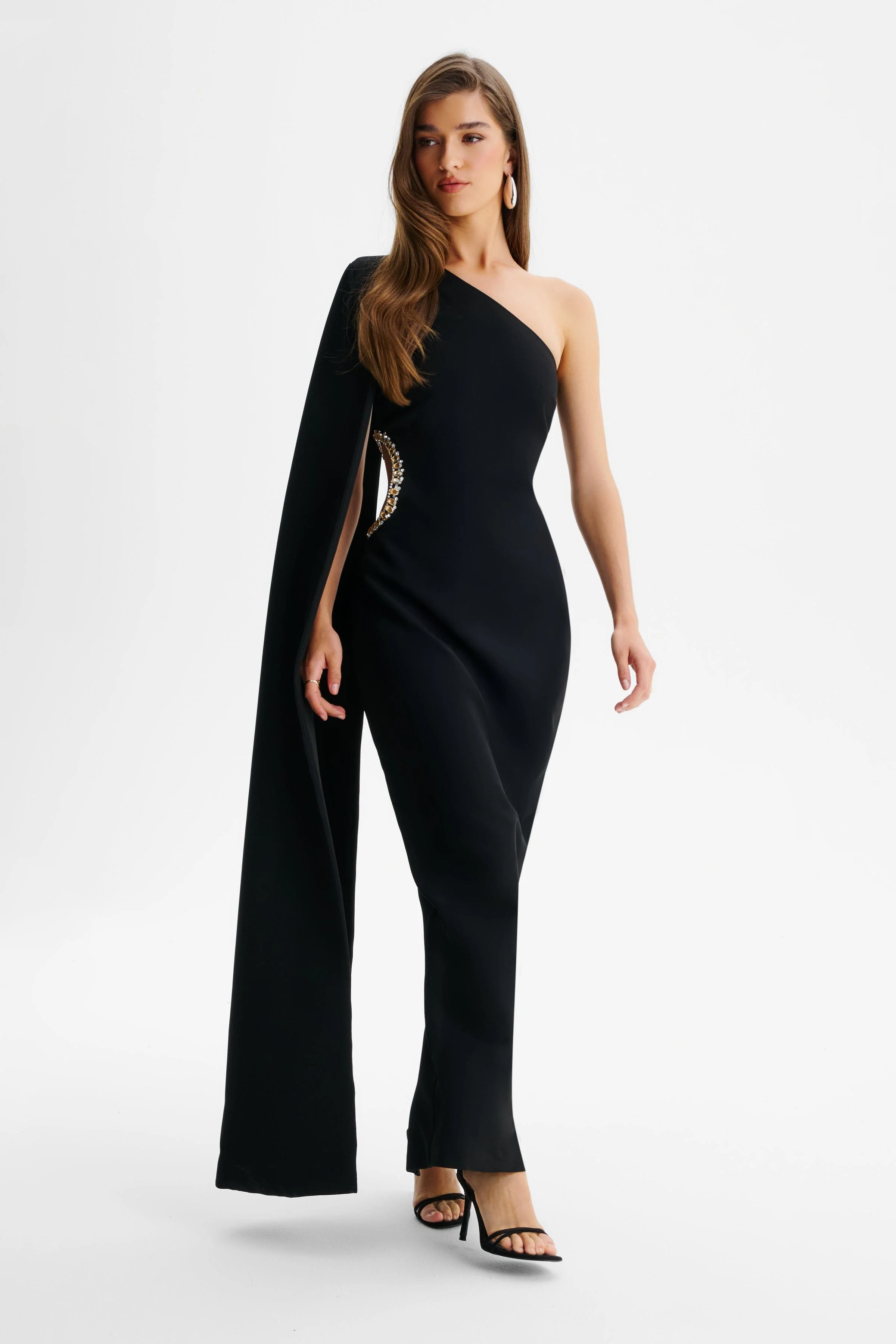 VIVIANA Asymmetric Embellished Cut Out Maxi Cape Dress In Black - Image 5